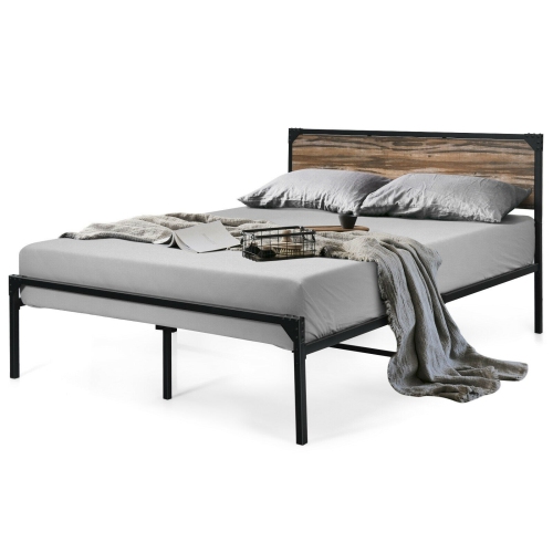 Metal Platform Bed Frame with Wooden Headboard-Queen Size