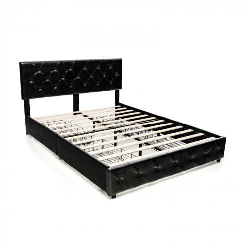 SLICKBLUE  Faux Leather Upholstered Platform Bed – Storage Drawers And Wooden Slats Included