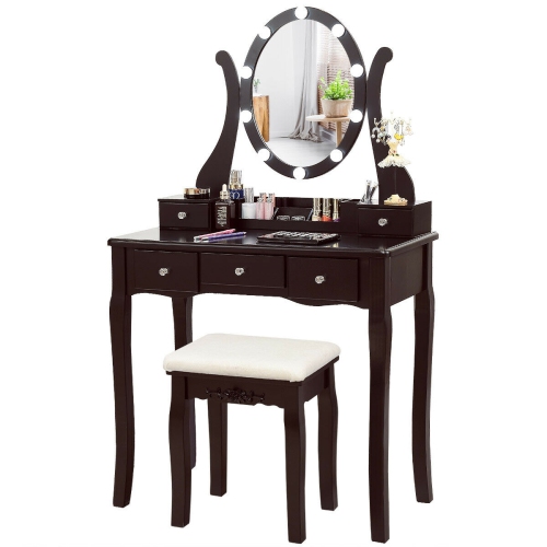 SLICKBLUE  10 Dimmable Lights Vanity Table Set With Lighted Mirror And Cushioned Stool-Coffee