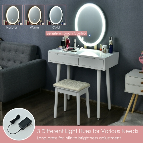 Touch Screen Vanity Set with Lighted Mirror, Makeup Table with Drawers and Matching Stool