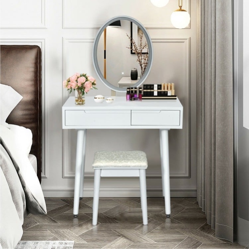 Touch Screen Vanity Set with Lighted Mirror, Makeup Table with Drawers and Matching Stool