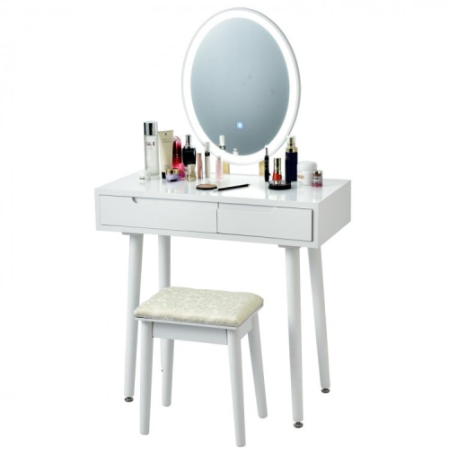 Touch Screen Vanity Set with Lighted Mirror, Makeup Table with Drawers and Matching Stool