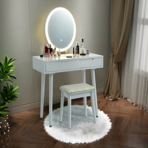 Touch Screen Vanity Set with Lighted Mirror, Makeup Table with Drawers and Matching Stool