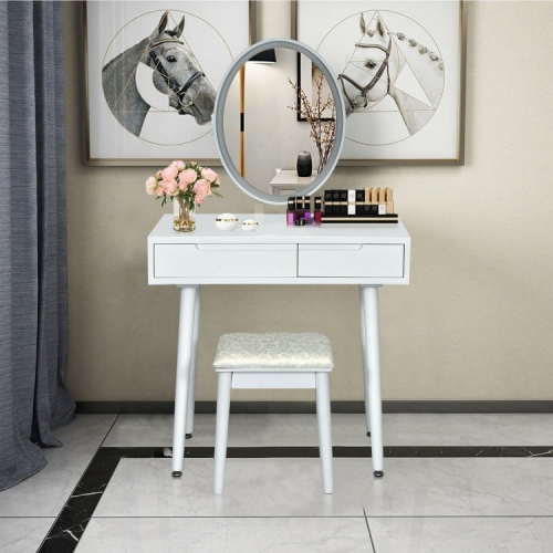 Touch Screen Vanity Set with Lighted Mirror, Makeup Table with Drawers and Matching Stool