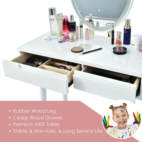 Touch Screen Vanity Set with Lighted Mirror, Makeup Table with Drawers and Matching Stool