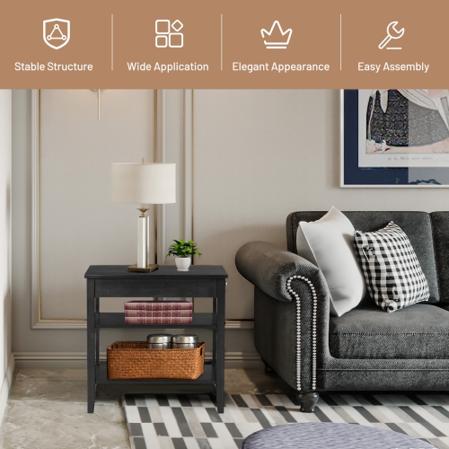 3-Tier Side End Table with Drawer Double Shelf-Black