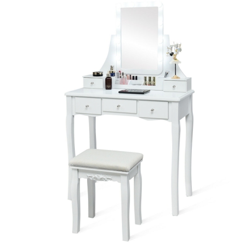 SLICKBLUE  10 Dimmable Light Bulbs Vanity Dressing Table With 2 Dividers And Cushioned Stool-White