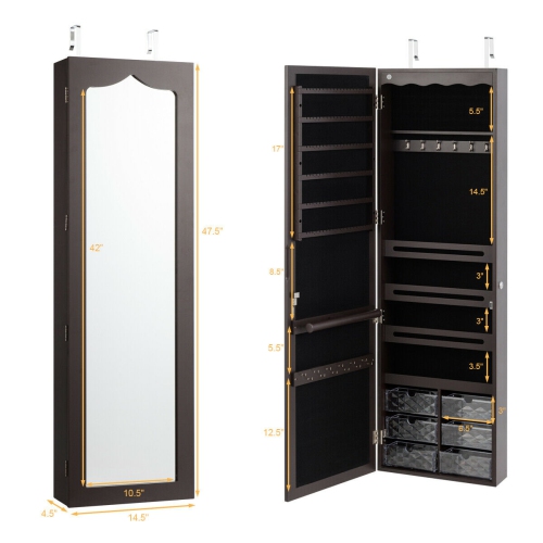 LED Jewelry Armoire with 5 Lights and Wall or Door Mount Mirror