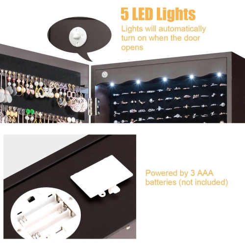 LED Jewelry Armoire with 5 Lights and Wall or Door Mount Mirror