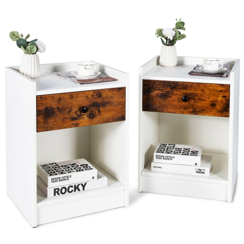 SLICKBLUE  Set Of 2 Nightstand With Drawer Cabinet End Side Table Raised Top-White
