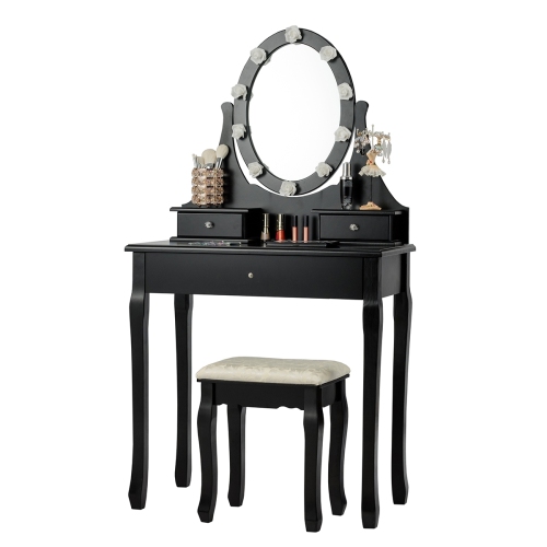 SLICKBLUE  3 Drawers Lighted Mirror Vanity Dressing Table Stool Set-Black