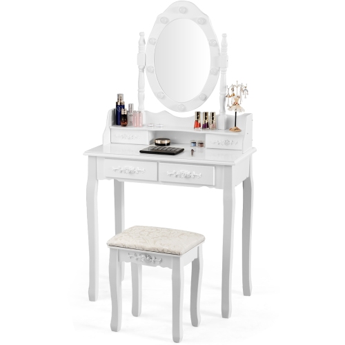 SLICKBLUE  Vanity Table Set With Mirror And Soft Cushioned Stool-White