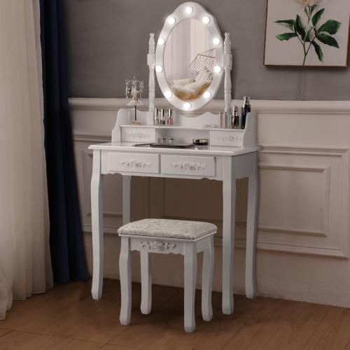 Vanity Table Set with Mirror and Soft Cushioned Stool-White