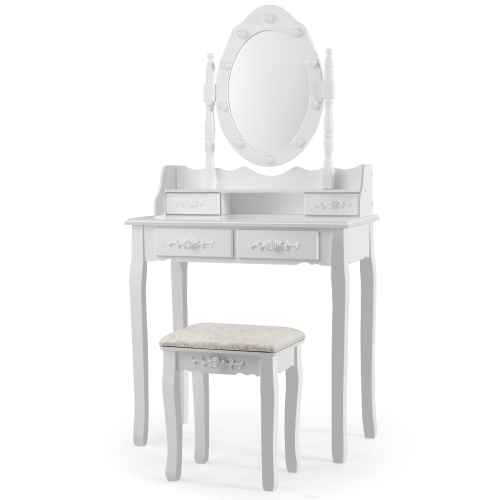 Vanity Table Set with Mirror and Soft Cushioned Stool-White