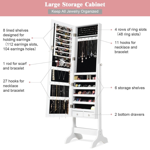 Lockable Mirrored Jewelry Armoire Cabinet Storage Organizer Box