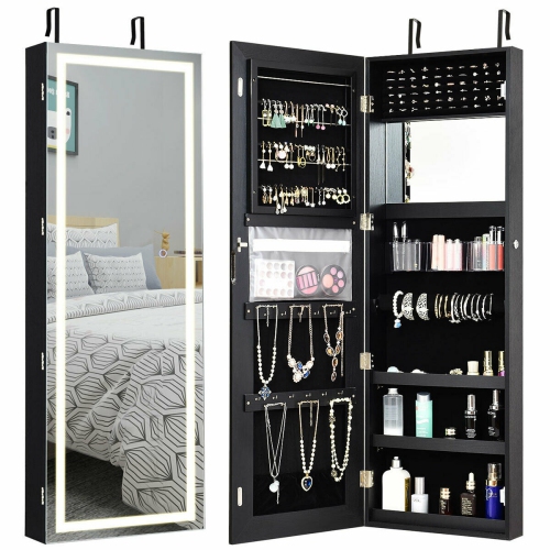 Mirrored Jewelry Storage Cabinet with Full-Length Mirror and LED Lights
