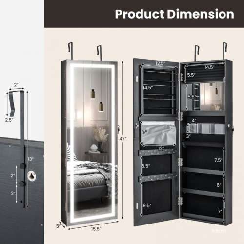 Mirrored Jewelry Storage Cabinet with Full-Length Mirror and LED Lights