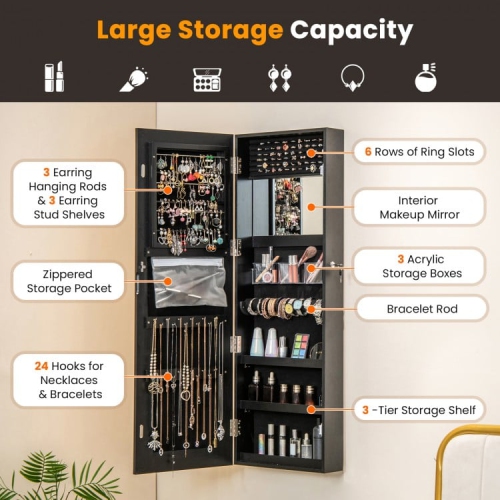 Mirrored Jewelry Storage Cabinet with Full-Length Mirror and LED Lights