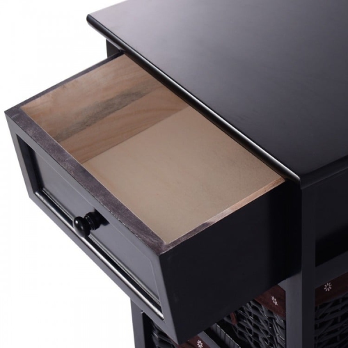 Wood Nightstand with Drawer and 2 Storage Baskets – 3-Tier Side Table for Bedroom or Entryway