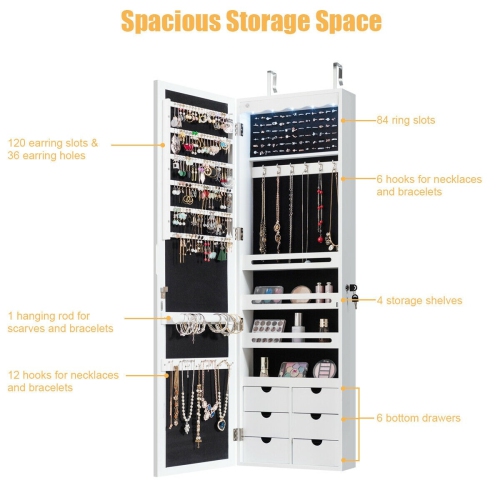 Lockable Wall-Mounted Jewelry Armoire with 5 LED's and 6 Drawers