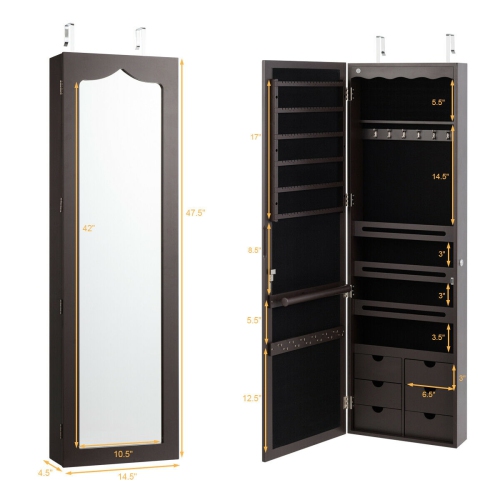 Lockable Wall-Mounted Jewelry Armoire with 5 LED's and 6 Drawers