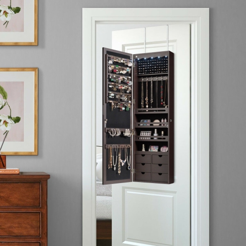 Lockable Wall-Mounted Jewelry Armoire with 5 LED's and 6 Drawers