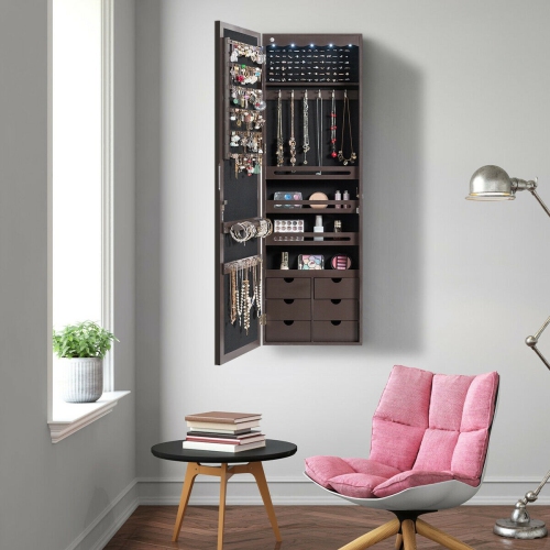 Lockable Wall-Mounted Jewelry Armoire with 5 LED's and 6 Drawers