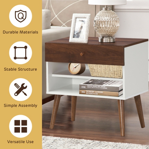 Mid-Century End Side Table with Drawer and Rubber Wood Leg