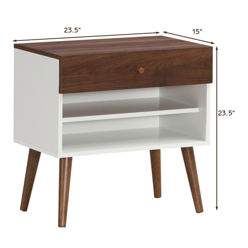 Mid-Century End Side Table with Drawer and Rubber Wood Leg