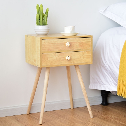 Mid Century Modern 2 Drawers Nightstand in Natural-Natural