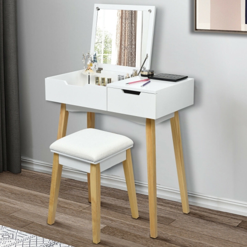 Vanity Makeup Table Cushioned Stool Set with Flip Top Mirror