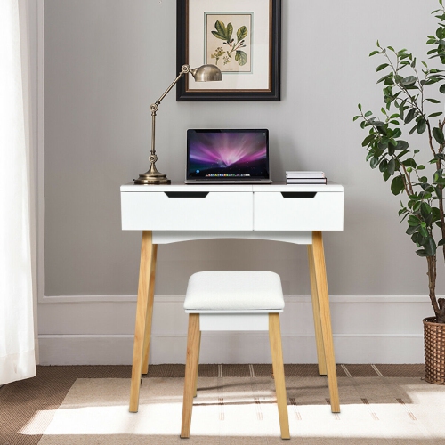 Vanity Makeup Table Cushioned Stool Set with Flip Top Mirror