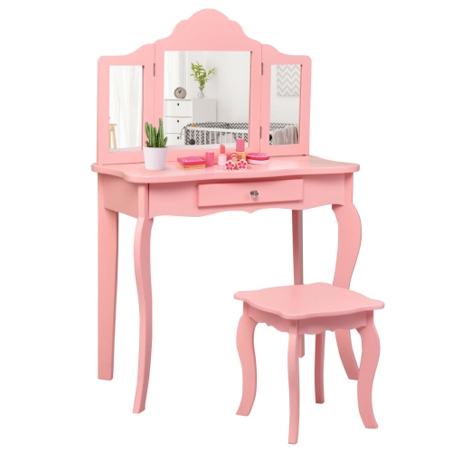 Kids Makeup Dressing Mirror Vanity Table Stool Set-Pink