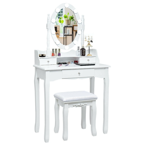 Oval Mirror Vanity Set with 10 LED Dimmable Bulbs and 3 Drawers-White