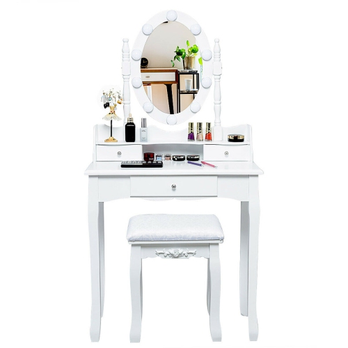 Oval Mirror Vanity Set with 10 LED Dimmable Bulbs and 3 Drawers-White