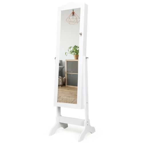 SLICKBLUE  Mirrored Lockable Jewelry Cabinet Armoire Organizer Storage Box-White