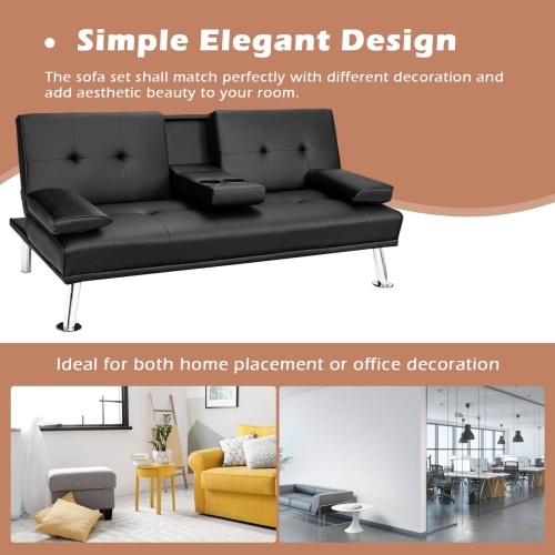 Canapé-lit pliant convertible en cuir avec porte-gobelets et accoudoirs – Noir