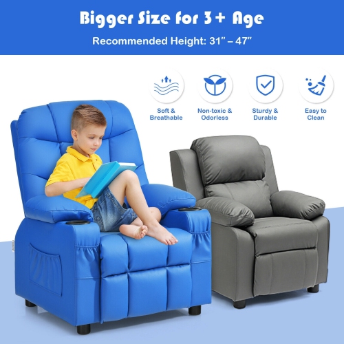 Fauteuil inclinable en similicuir en polyuréthane pour enfants avec porte-gobelets et poches latérales - Bleu