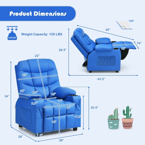 Fauteuil inclinable en similicuir en polyuréthane pour enfants avec porte-gobelets et poches latérales - Bleu
