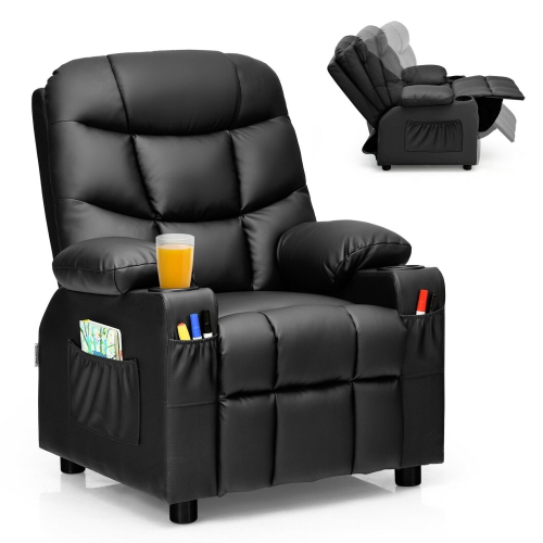 Fauteuil inclinable en similicuir en polyuréthane pour enfants avec porte-gobelets et poches latérales - Noir