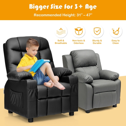 Fauteuil inclinable en similicuir en polyuréthane pour enfants avec porte-gobelets et poches latérales - Noir