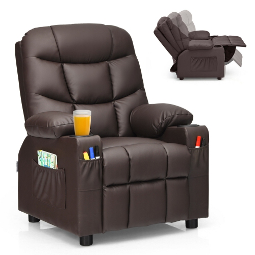 SLICKBLUE  Pu Leather Kids Recliner Chair With Cup Holders And Side Pockets-Brown