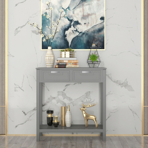 Table console mince avec tiroirs et tablette ouverte pour le rangement dans une entrée ou un couloir