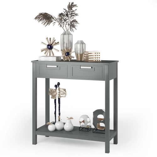 Table console mince avec tiroirs et tablette ouverte pour le rangement dans une entrée ou un couloir