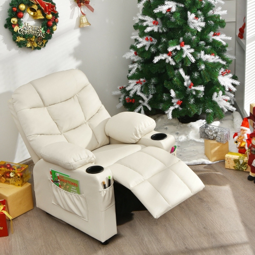 Fauteuil inclinable en similicuir en polyuréthane pour enfants avec porte-gobelets et poches latérales - Beige