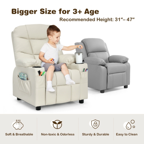 Fauteuil inclinable en similicuir en polyuréthane pour enfants avec porte-gobelets et poches latérales - Beige