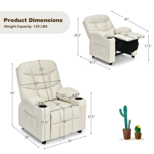 Fauteuil inclinable en similicuir en polyuréthane pour enfants avec porte-gobelets et poches latérales - Beige