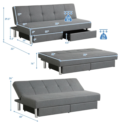 Canapé-lit réglable avec 2 tiroirs de rangement – Canapé futon convertible moderne pour les petits espaces