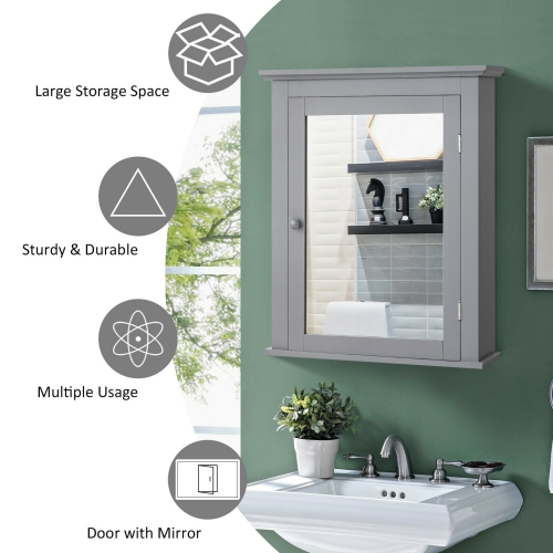 Wall Mount Bathroom Cabinet with One Mirror Single Door Adjustable Shelves Retro Handle