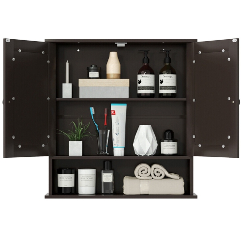 Wall-Mounted Bathroom Mirror Cabinet with Double Doors and Open Storage Shelf